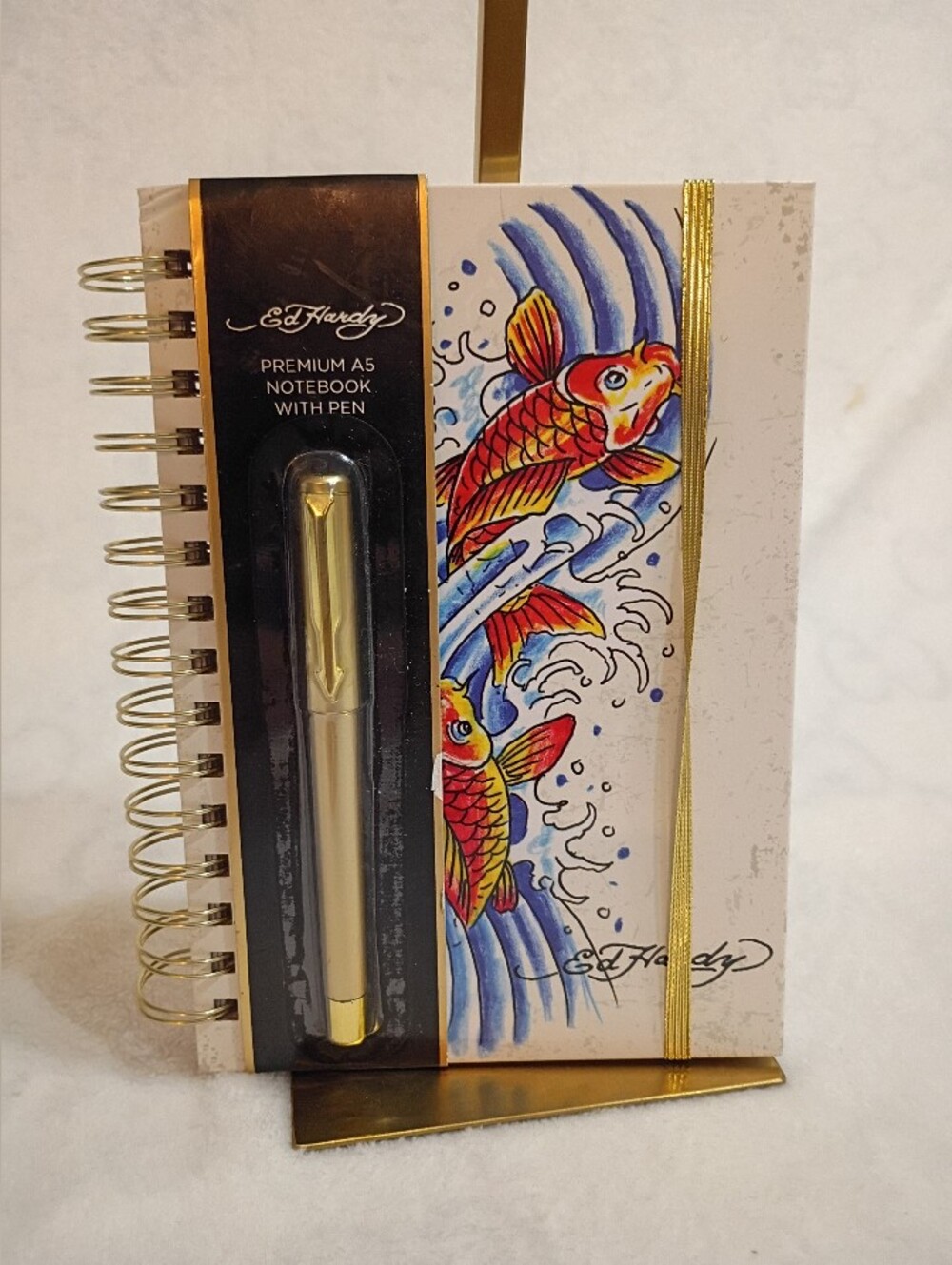 Ed Hardy Gold, Red & Blue Koi Fish Spiral Notebook with Pen